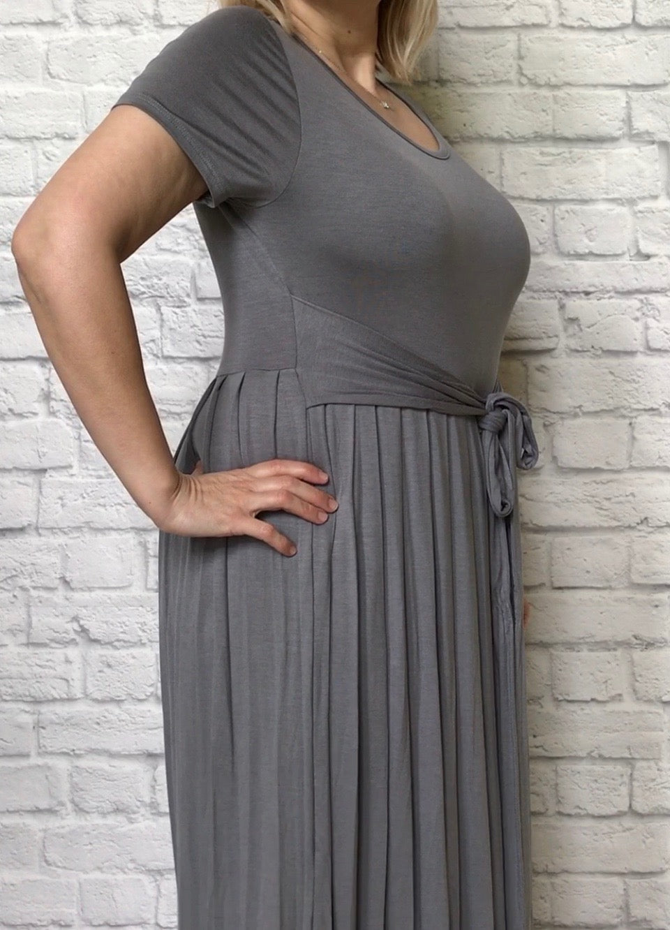 Grey Pleated Midi Dress
