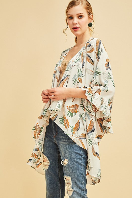 Tropical Print Draped Kimono