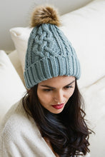 Cable Knit Beanie with Faux Fur Pompom